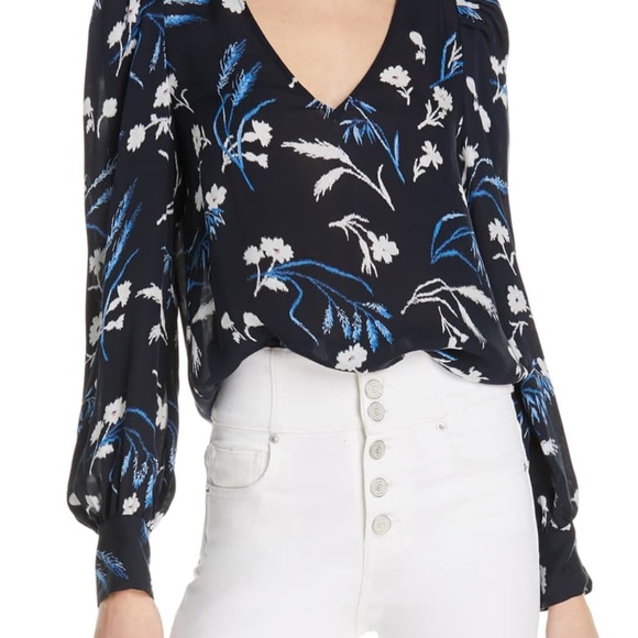Floral V-Neck Blouse - Black and Blue - Picture 2 of 2